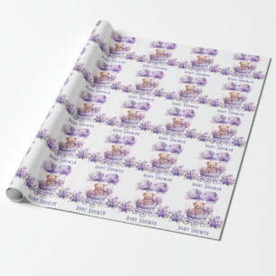 Adorable Carriage Teddy Bear Girl Baby Shower Wrapping Paper