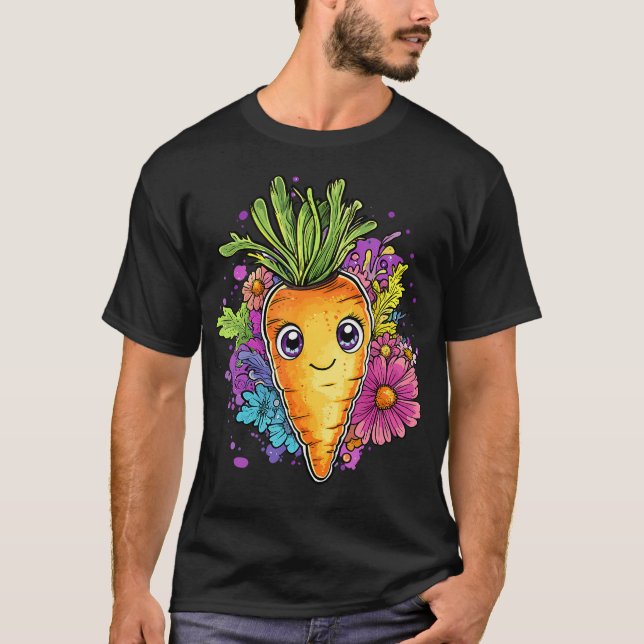 Adorable Carrot Surrounded By Colorful Blooms T-Shirt (Front)