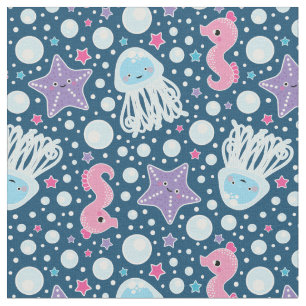 Adorable Cartoon Aquatic Pattern   Blue & Pink Fabric
