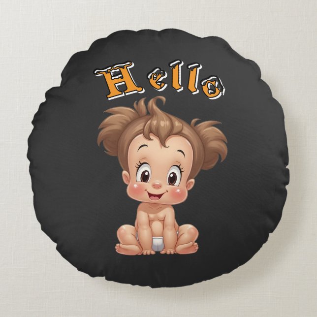 Adorable Cartoon Baby Sitting Cheerfully with Cute Round Cushion (Front)