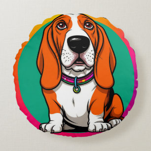 Adorable Cartoon Basset Puppy Round Cushion