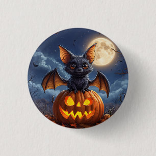 Adorable Cartoon Bat Perched on Jack-o'-Lantern 3 Cm Round Badge