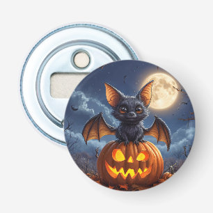 Adorable Cartoon Bat Perched on Jack-o'-Lantern Bottle Opener