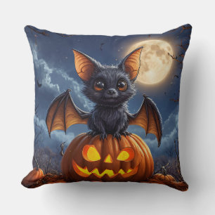 Adorable Cartoon Bat Perched on Jack-o'-Lantern Cushion