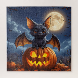 Adorable Cartoon Bat Perched on Jack-o'-Lantern Jigsaw Puzzle