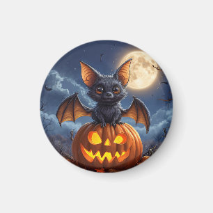 Adorable Cartoon Bat Perched on Jack-o'-Lantern Magnet