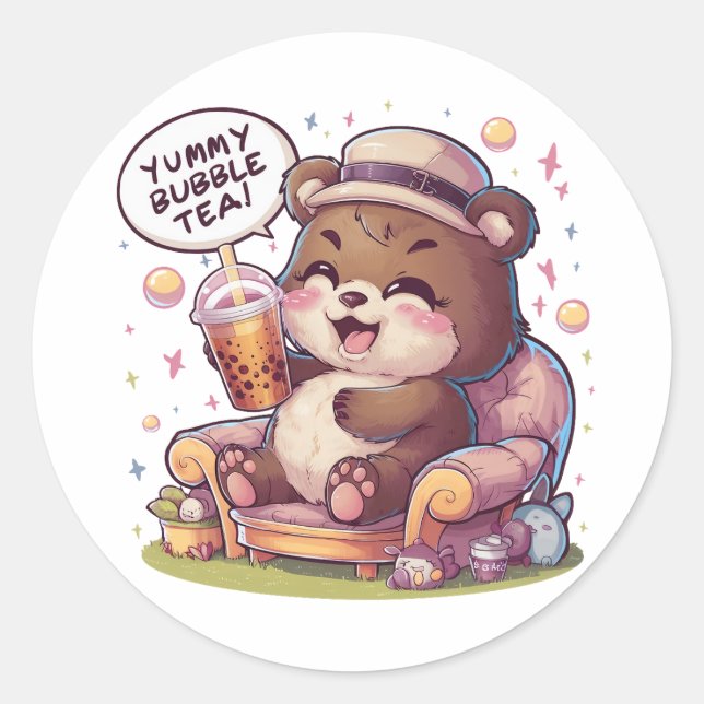 Adorable Cartoon Bear: Cozy, Kawaii Vibes Classic Round Sticker (Front)