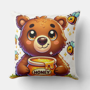 Adorable Cartoon Bear Holding Honey Jar Cushion