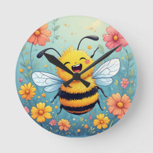 Adorable Cartoon Bee Buzzing Cheerfully Round Clock