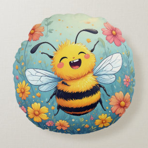 Adorable Cartoon Bee Buzzing Cheerfully Round Cushion