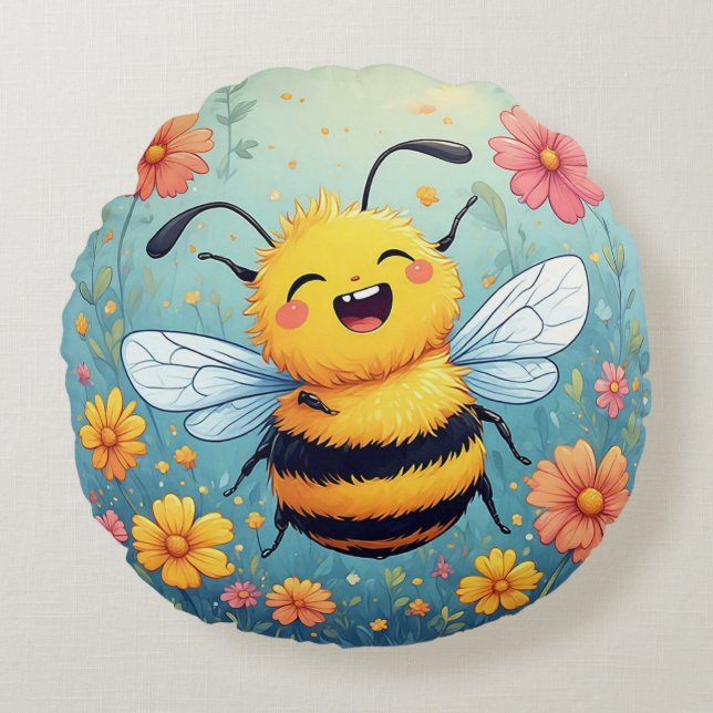 Adorable Cartoon Bee Buzzing Cheerfully Round Cushion (Front)