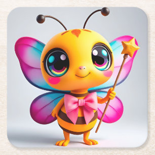 Adorable Cartoon Bee Fairy Character Square Paper Coaster
