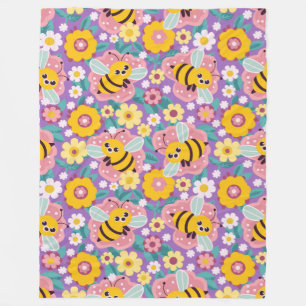 Adorable Cartoon Bees and Flowers Fleece Blanket