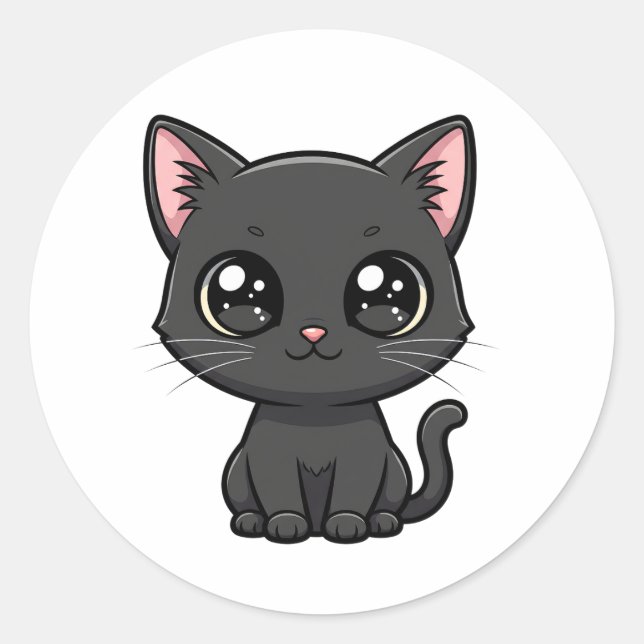 Adorable Cartoon Black Cat Classic Round Sticker (Front)