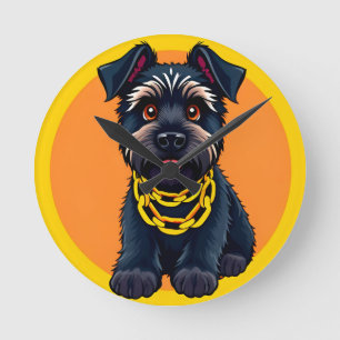 Adorable Cartoon Black Dog Wearing a Gold Chain Round Clock