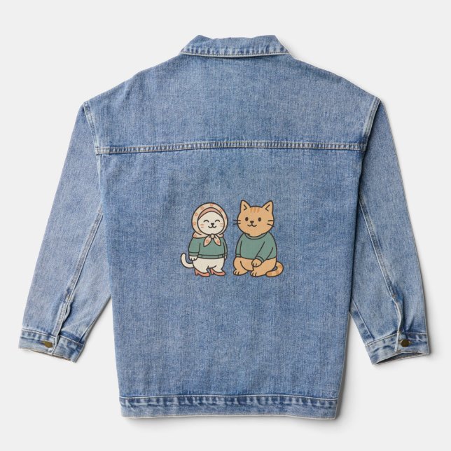 "Adorable Cartoon Cat Couple in Cosy Outfits" Denim Jacket (Back)