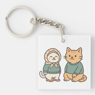 "Adorable Cartoon Cat Couple in Cosy Outfits" Key Ring
