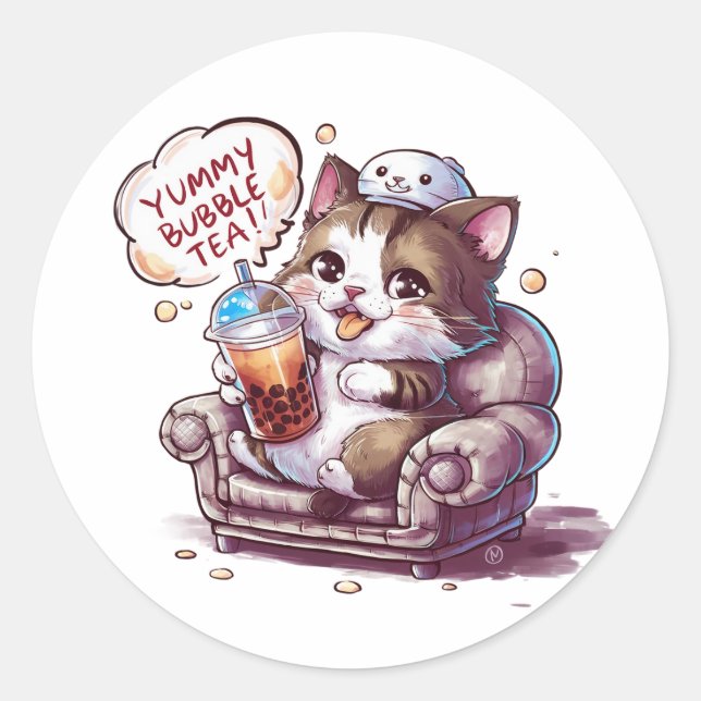 Adorable Cartoon Cat: Cozy, Kawaii Vibes Classic Round Sticker (Front)