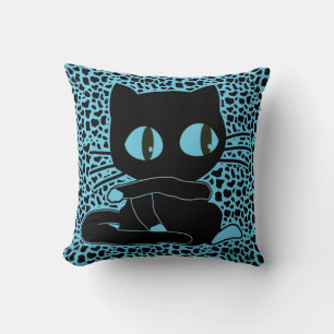 Adorable Cartoon Cat on Animal Print Background Cushion