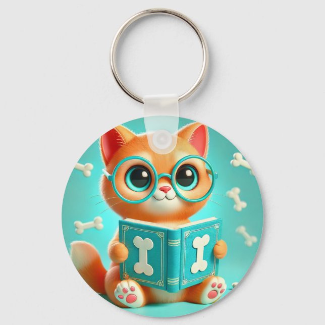 Adorable Cartoon Cat Reading a Book Key Ring (Front)