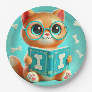 Adorable Cartoon Cat Reading a Book Paper Plate