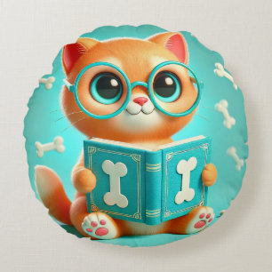Adorable Cartoon Cat Reading a Book Round Cushion