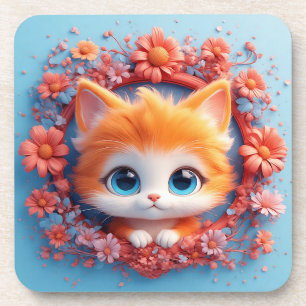 Adorable Cartoon Cat Surrounded by Colourful Flowe Coaster