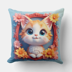 Adorable Cartoon Cat Surrounded by Colourful Flowe Cushion