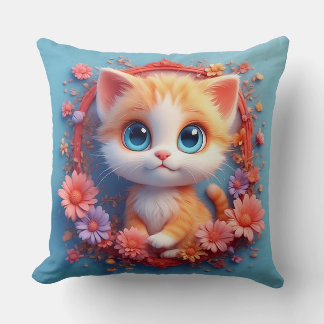 Adorable Cartoon Cat Surrounded by Colourful Flowe Cushion (Front)