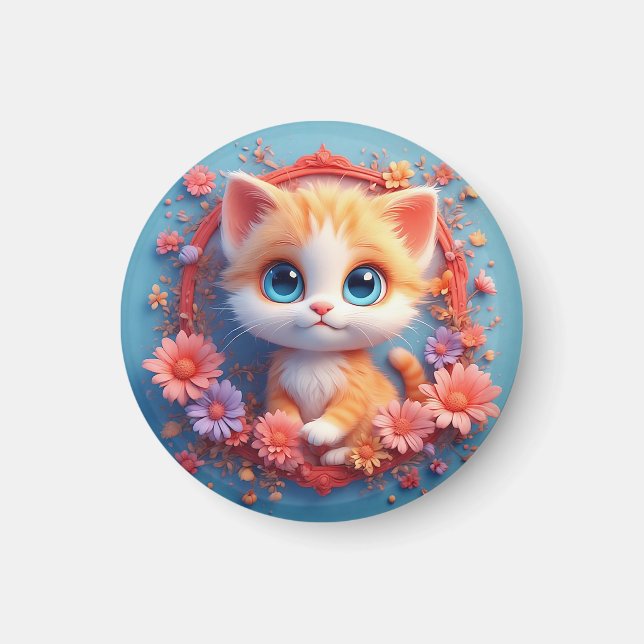 Adorable Cartoon Cat Surrounded by Colourful Flowe Magnet (Front)
