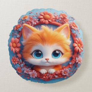 Adorable Cartoon Cat Surrounded by Colourful Flowe Round Cushion