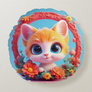 Adorable Cartoon Cat Surrounded by Colourful Flowe Round Cushion