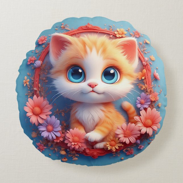 Adorable Cartoon Cat Surrounded by Colourful Flowe Round Cushion (Front)