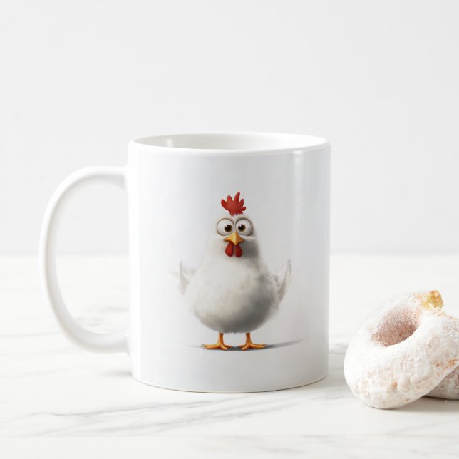 Adorable Cartoon Chicken with Fluffy White Feather Coffee Mug (With Donut)