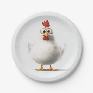 Adorable Cartoon Chicken with Fluffy White Feather Paper Plate