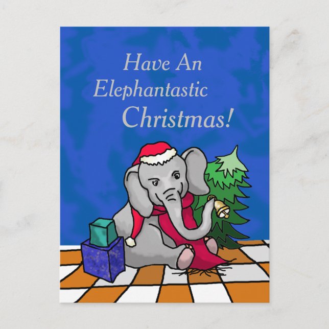 Adorable Cartoon Christmas Elephant with Santa Hat Holiday Postcard (Front)