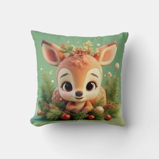 Adorable Cartoon Deer in a Festive Christmas Cushion (Front)