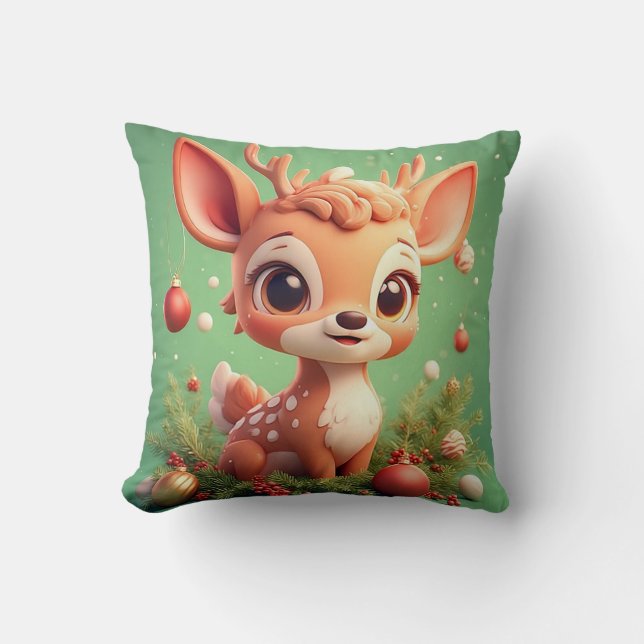 Adorable Cartoon Deer in a Festive Christmas Cushion (Front)