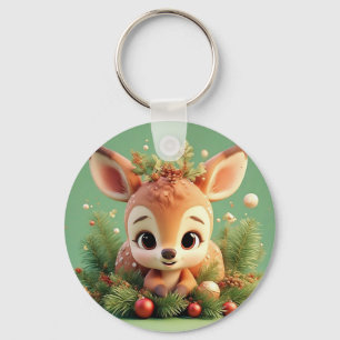 Adorable Cartoon Deer in a Festive Christmas Key Ring