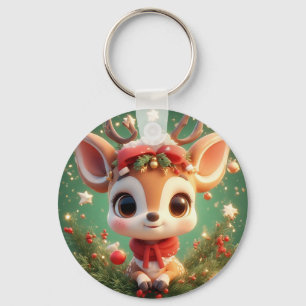 Adorable Cartoon Deer in a Festive Christmas Key Ring