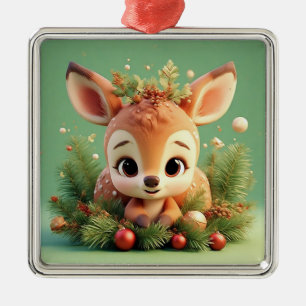 Adorable Cartoon Deer in a Festive Christmas Metal Tree Decoration