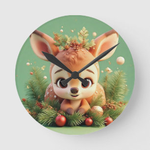 Adorable Cartoon Deer in a Festive Christmas Round Clock