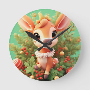 Adorable Cartoon Deer in a Festive Christmas Round Clock
