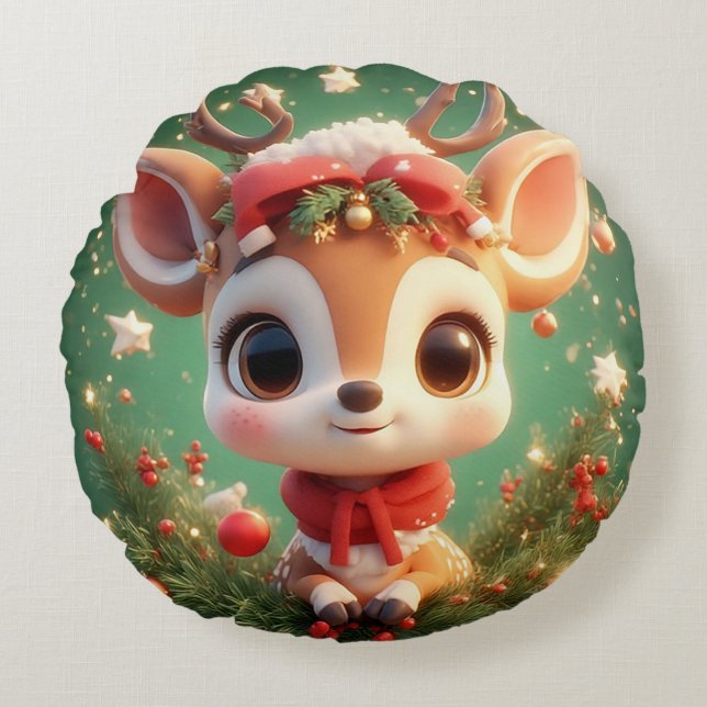 Adorable Cartoon Deer in a Festive Christmas Round Cushion (Front)