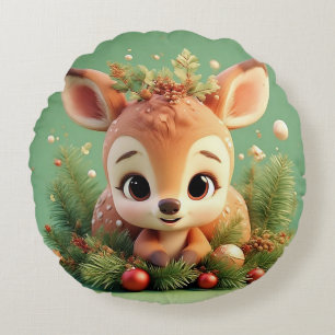 Adorable Cartoon Deer in a Festive Christmas Round Cushion