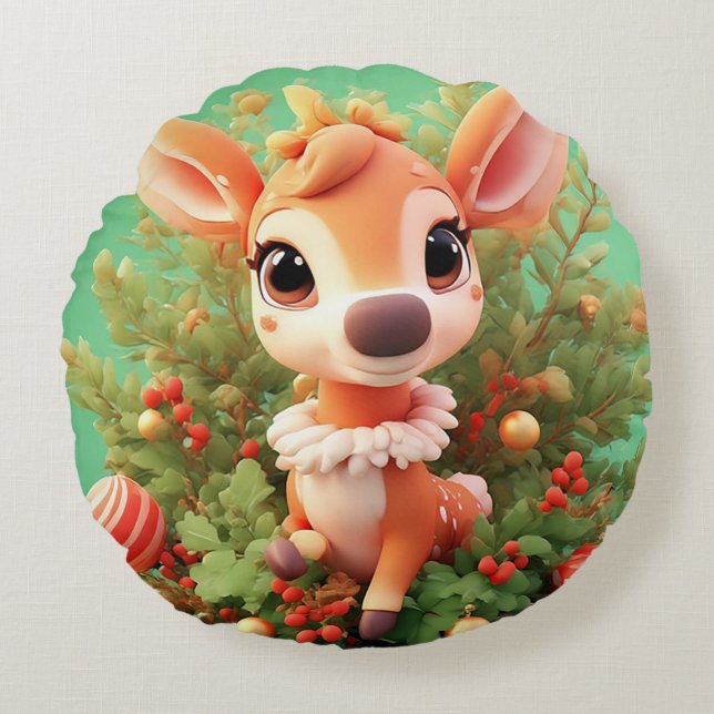 Adorable Cartoon Deer in a Festive Christmas Round Cushion (Front)