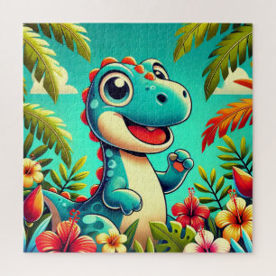 Adorable Cartoon Dinosaur Amidst Vibrant Tropical Jigsaw Puzzle