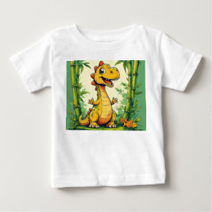 Adorable Cartoon Dinosaur in Lush Green Jungle Baby T-Shirt