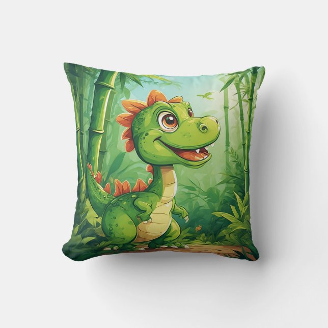 Adorable Cartoon Dinosaur in Lush Green Jungle Cushion (Front)