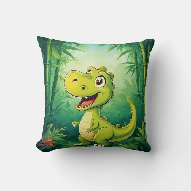 Adorable Cartoon Dinosaur in Lush Green Jungle Cushion (Front)